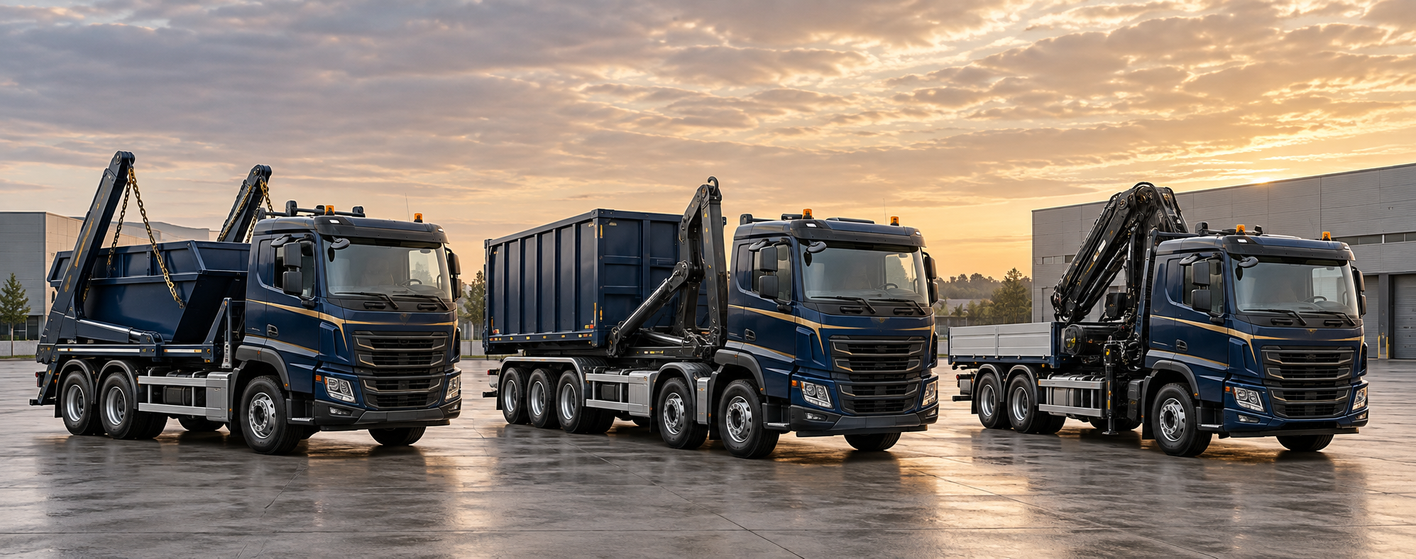 Illustration d’un camion multi-chaînes, d’un camion ampliroll et d’un camion-grue bleu nuit